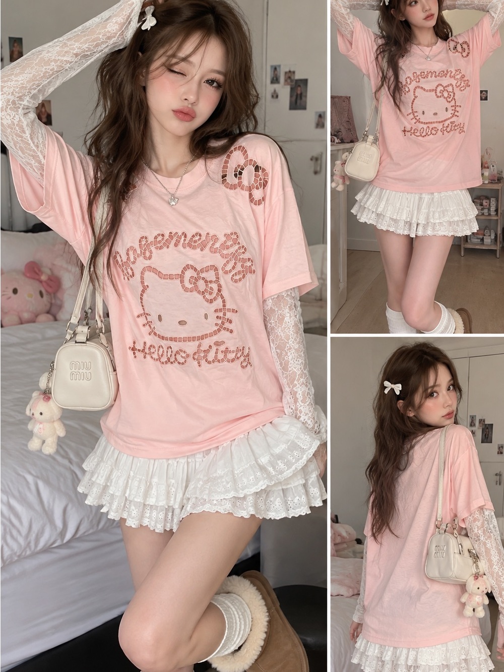 Pink Hello Kitty Cutout Layered T-Shirt